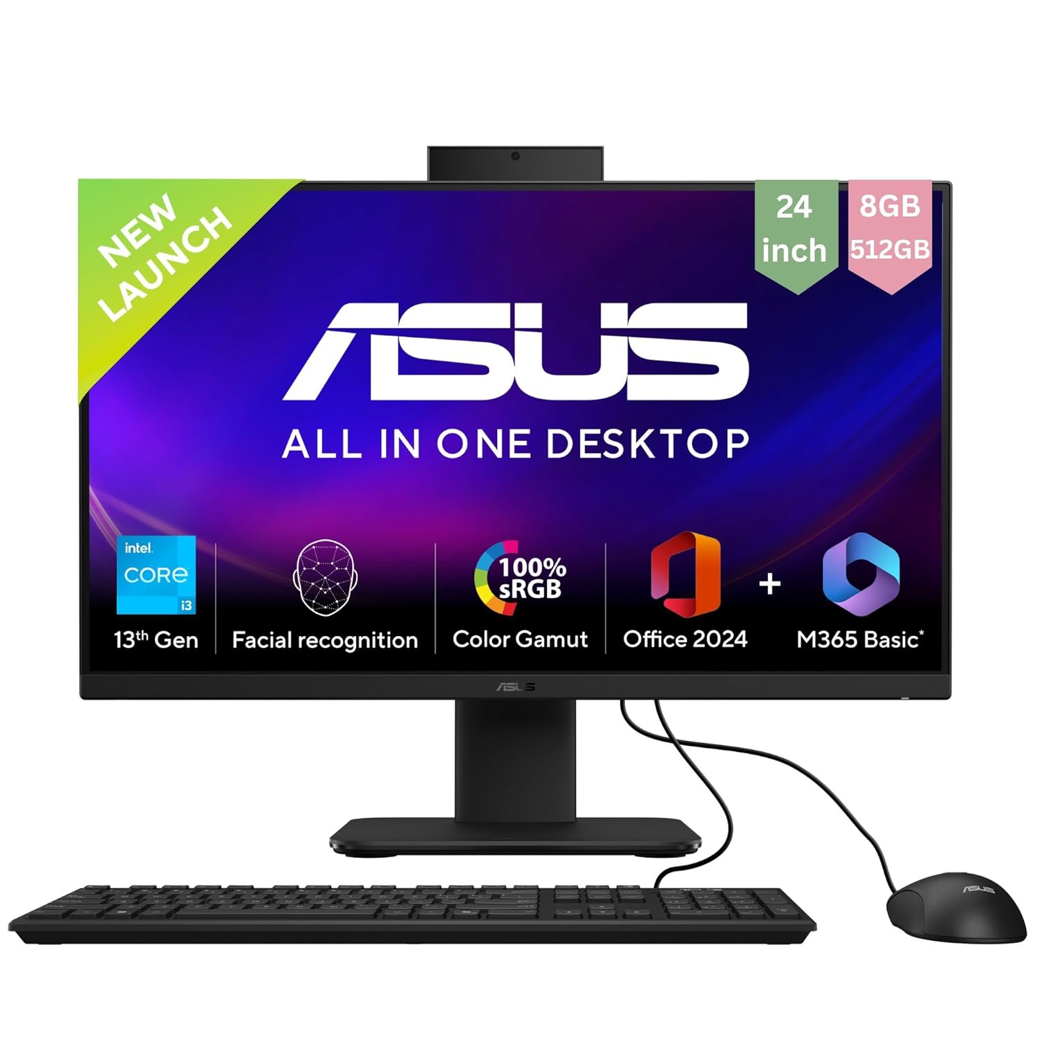 ASUS AiO V440,13th Gen Intel Core i3-1315U, 23.8" FHD,100Hz,All-in-One PC(8GB RAM/512GB SSD/Windows 11/Office 24/Retractable Camera/with Wired Keyboard & Mouse/M365 Basic (1Year)*) V440VAB-KBPC002WS
