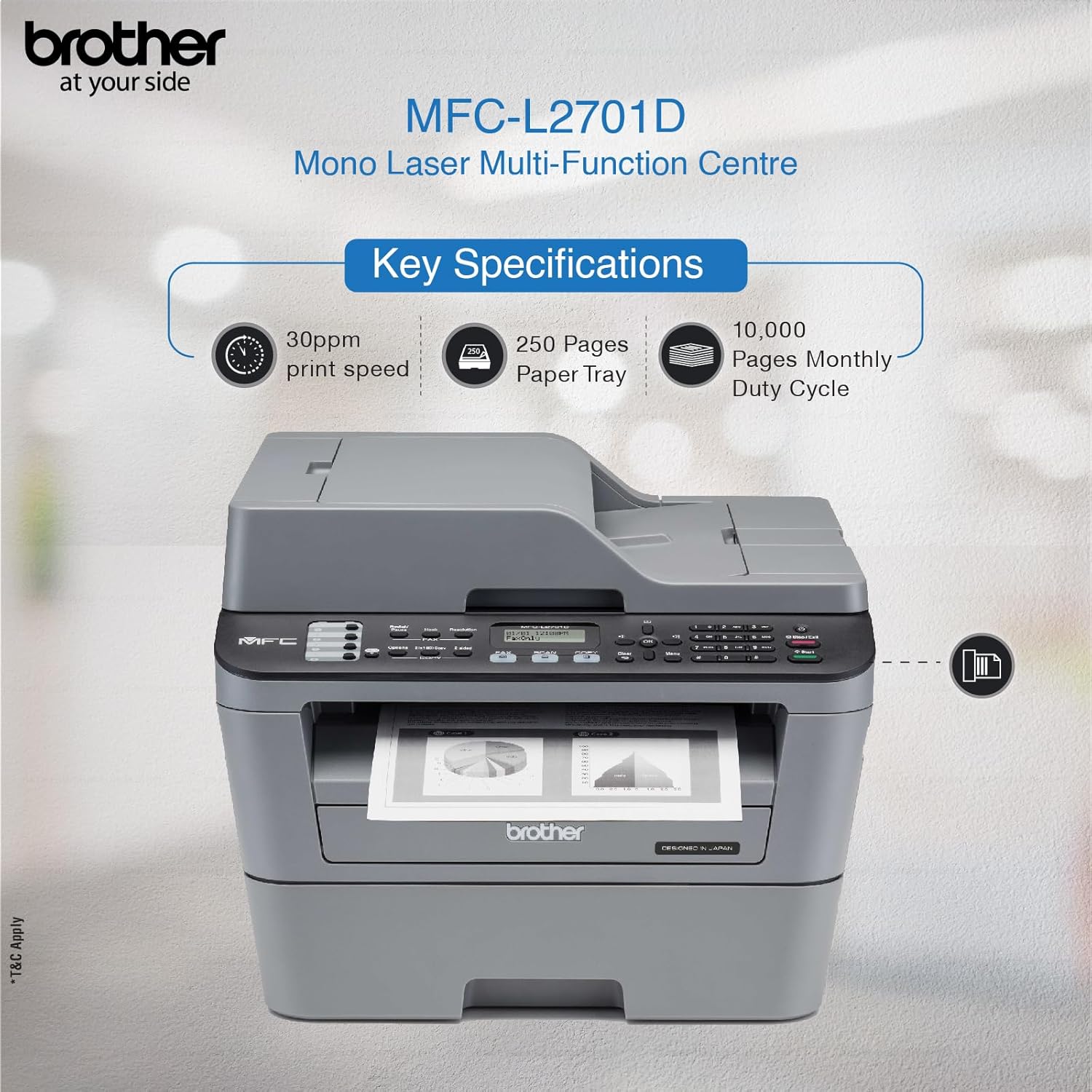 Brother MFC L2701D Auto Duplex Multifunction (Print, Scan, Copy, Fax) Laser Printer With 30 PPM Print Speed, Automatic Document Feeder, 2 in 1 ID Copy Button, 2-line LCD Display, 250 Sheets Paper Tray - Image 2