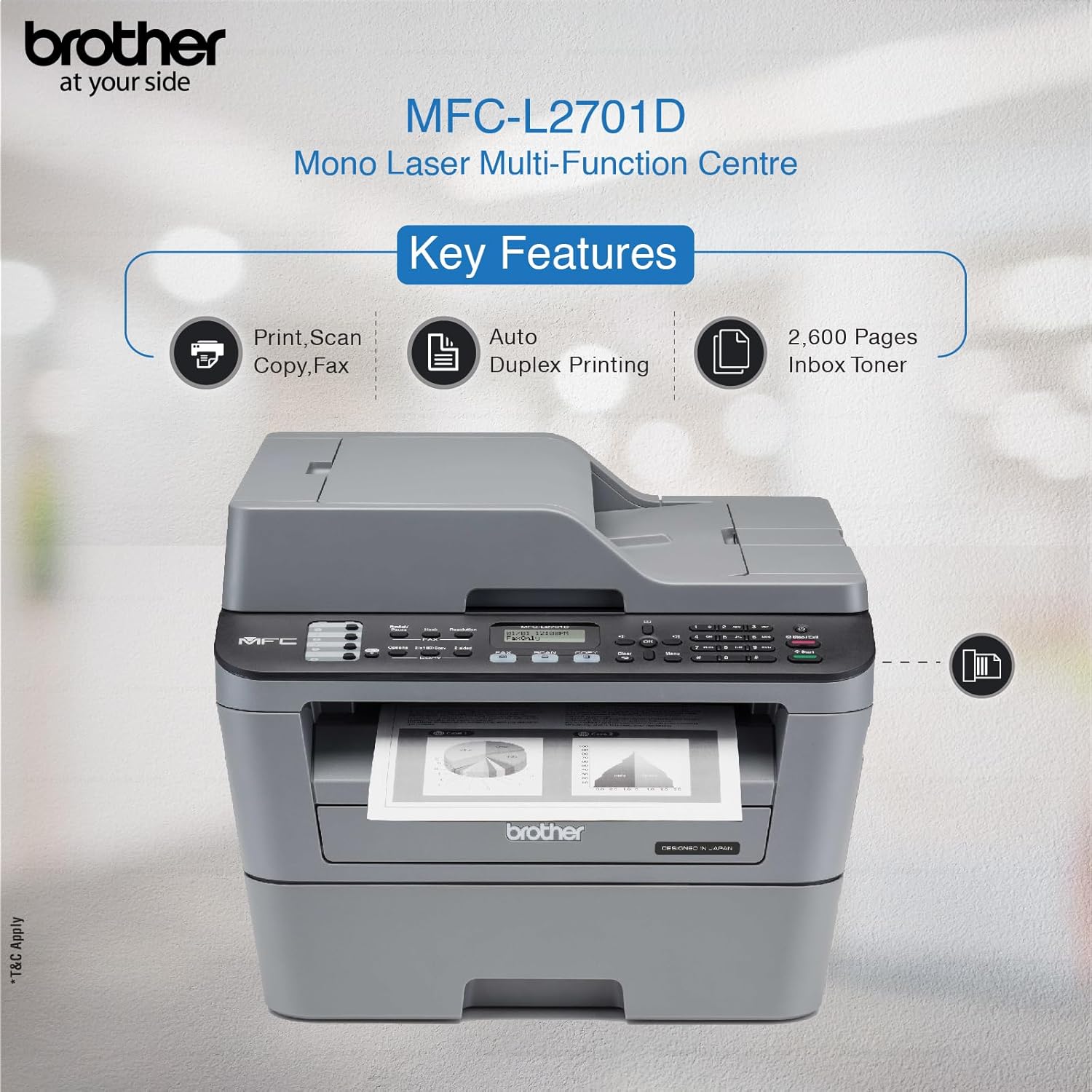 Brother MFC L2701D Auto Duplex Multifunction (Print, Scan, Copy, Fax) Laser Printer With 30 PPM Print Speed, Automatic Document Feeder, 2 in 1 ID Copy Button, 2-line LCD Display, 250 Sheets Paper Tray - Image 3