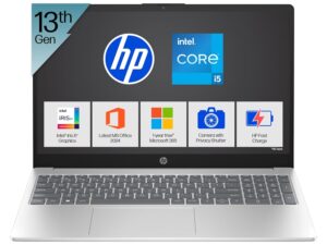 HP 15, 13th Gen Intel Core i5-1335U (16GB DDR4, 512GB SSD) FHD, Anti-Glare, Micro-Edge, 15.6''/39.6cm, Win11, M365 Basic(1yr)* Office24, Silver,1.59kg, fd0577TU, Iris Xe, FHD Camera w/Shutter Laptop