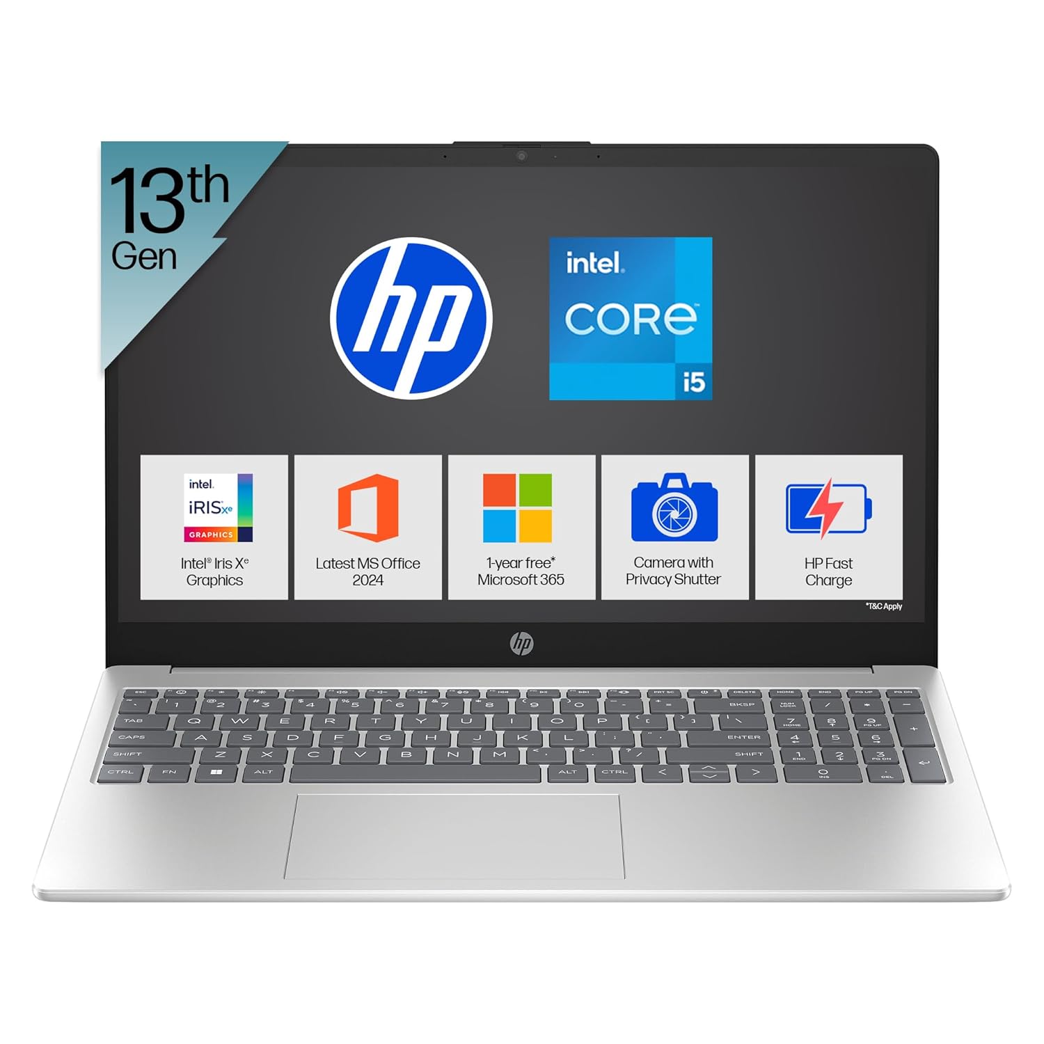 HP 15, 13th Gen Intel Core i5-1335U (16GB DDR4, 512GB SSD) FHD, Anti-Glare, Micro-Edge, 15.6''/39.6cm, Win11, M365 Basic(1yr)* Office24, Silver,1.59kg, fd0577TU, Iris Xe, FHD Camera w/Shutter Laptop