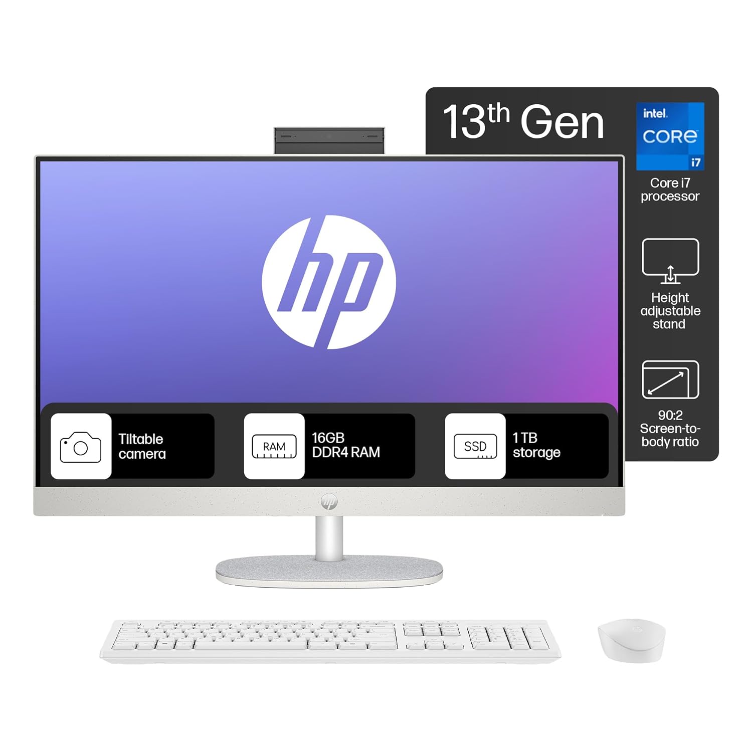 HP All-in-One PC 13th Gen Intel Core i7 27 inch(68.6cm) FHD 16GB RAM, 1TB SSD, Intel UMA Graphics, HP 710 White Wireless Keyboard and Mouse Combo (Win 11, MSO 21, Shell White, 6.72 Kg) 27-cr0403in