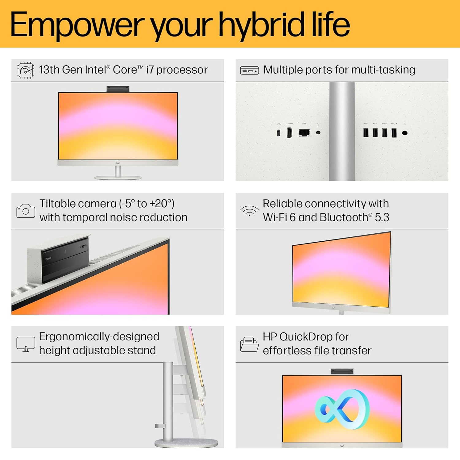 HP All-in-One PC 13th Gen Intel Core i7 27 inch(68.6cm) FHD 16GB RAM, 1TB SSD, Intel UMA Graphics, HP 710 White Wireless Keyboard and Mouse Combo (Win 11, MSO 21, Shell White, 6.72 Kg) 27-cr0403in - Image 5