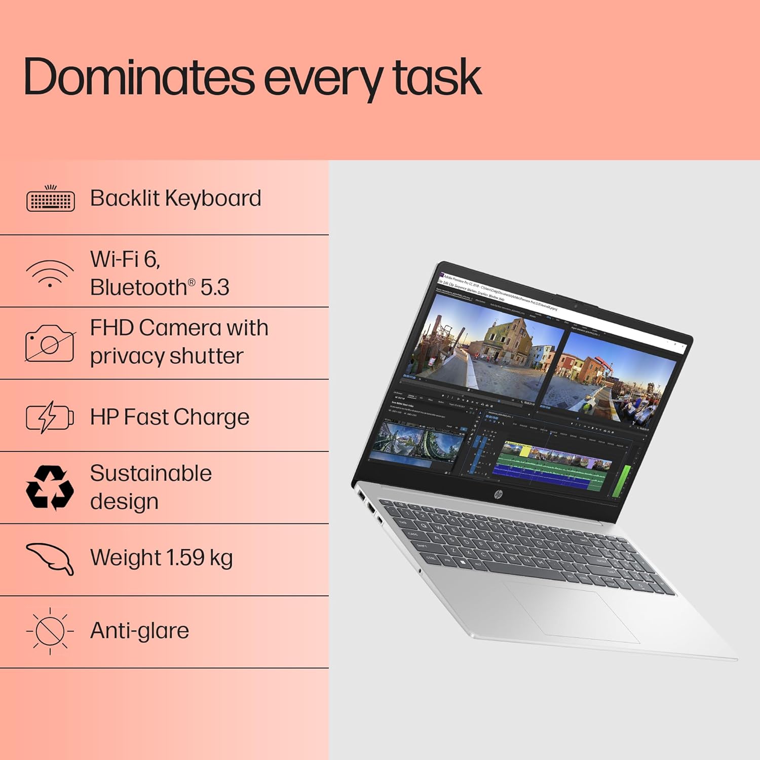 HP 15, 13th Gen Intel Core i5-1335U (16GB DDR4, 512GB SSD) FHD, Anti-Glare, Micro-Edge, 15.6''/39.6cm, Win11, M365 Basic(1yr)* Office24, Silver,1.59kg, fd0577TU, Iris Xe, FHD Camera w/Shutter Laptop - Image 3