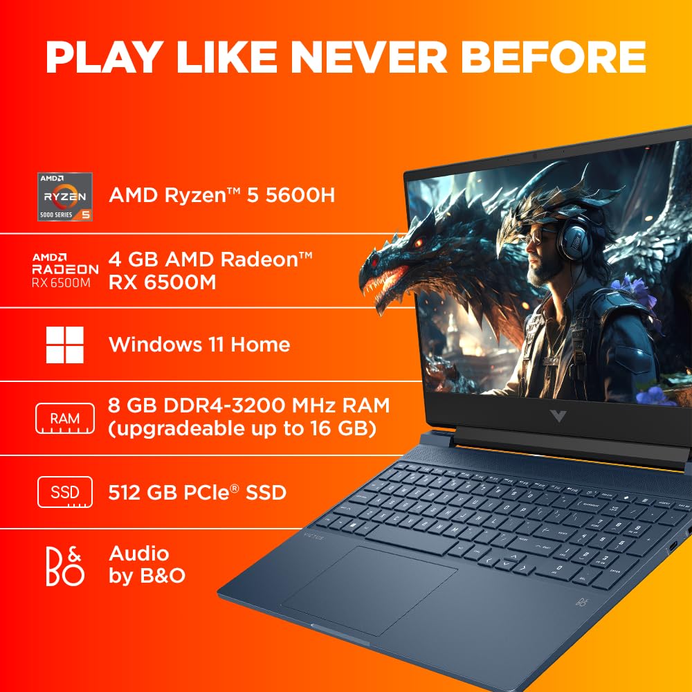 HP Victus Gaming Laptop, AMD Ryzen 5 5600H, AMD 4GB Radeon RX 6500M Graphics, 15.6-inch (39.6 cm), FHD, IPS, 8GB DDR4, 512GB SSD, Backlit KB, B&O (Win 11, Blue, 2.29 kg), fb0147AX, fb0184ax - Image 3