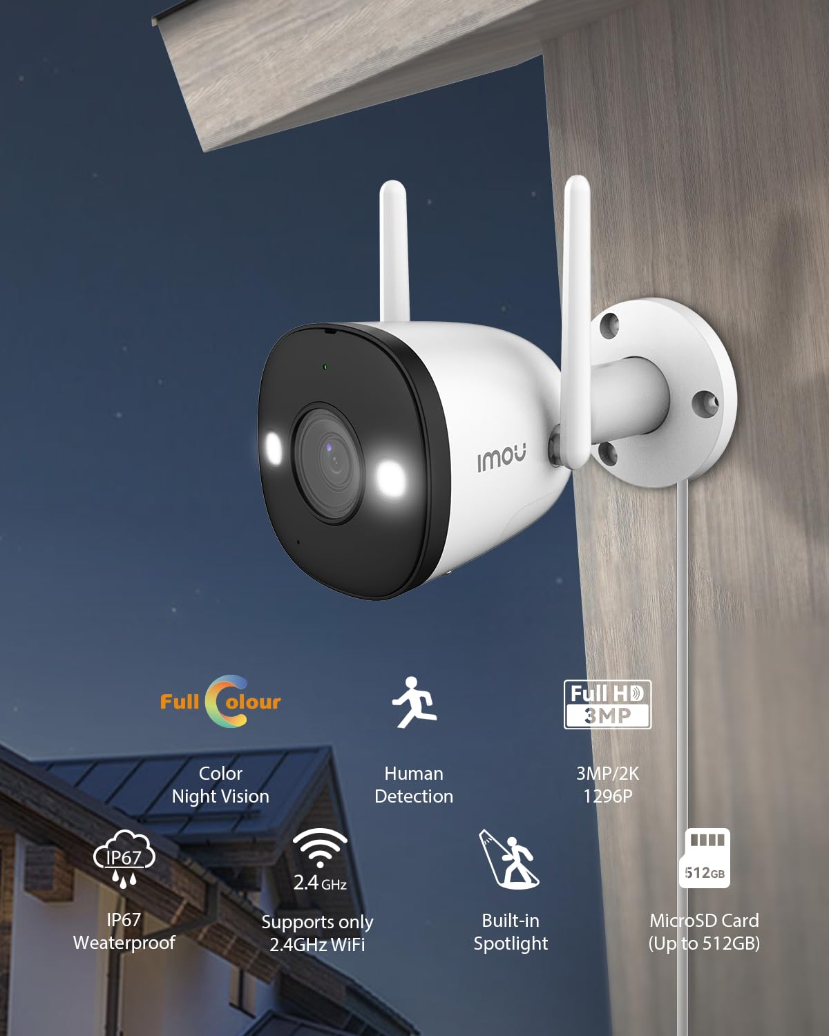 Imou 2K 3MP Outdoor Security Bullet CCTV Camera, Color Night Vision, Human Detection, Up to 512GB SD Card, IP67 Weatherproof, Spotlight, Audio Recording, WiFi & Ethernet Connection, Alexa Enabled - Image 3